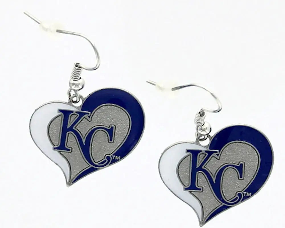Heart earrings with swirl heart design featuring KC logo in blue and silver colors