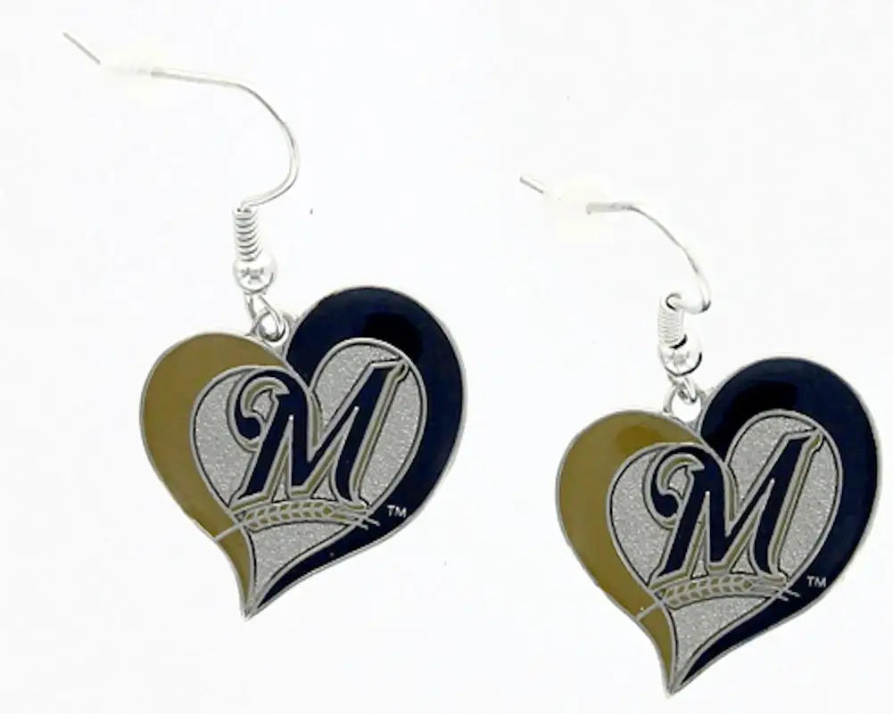 Heart earrings with M design, MLB Baseball Swirl Heart Earrings, stylish team accessory