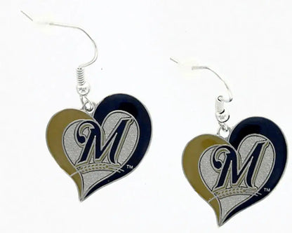 Heart earrings with M design, MLB Baseball Swirl Heart Earrings, stylish team accessory