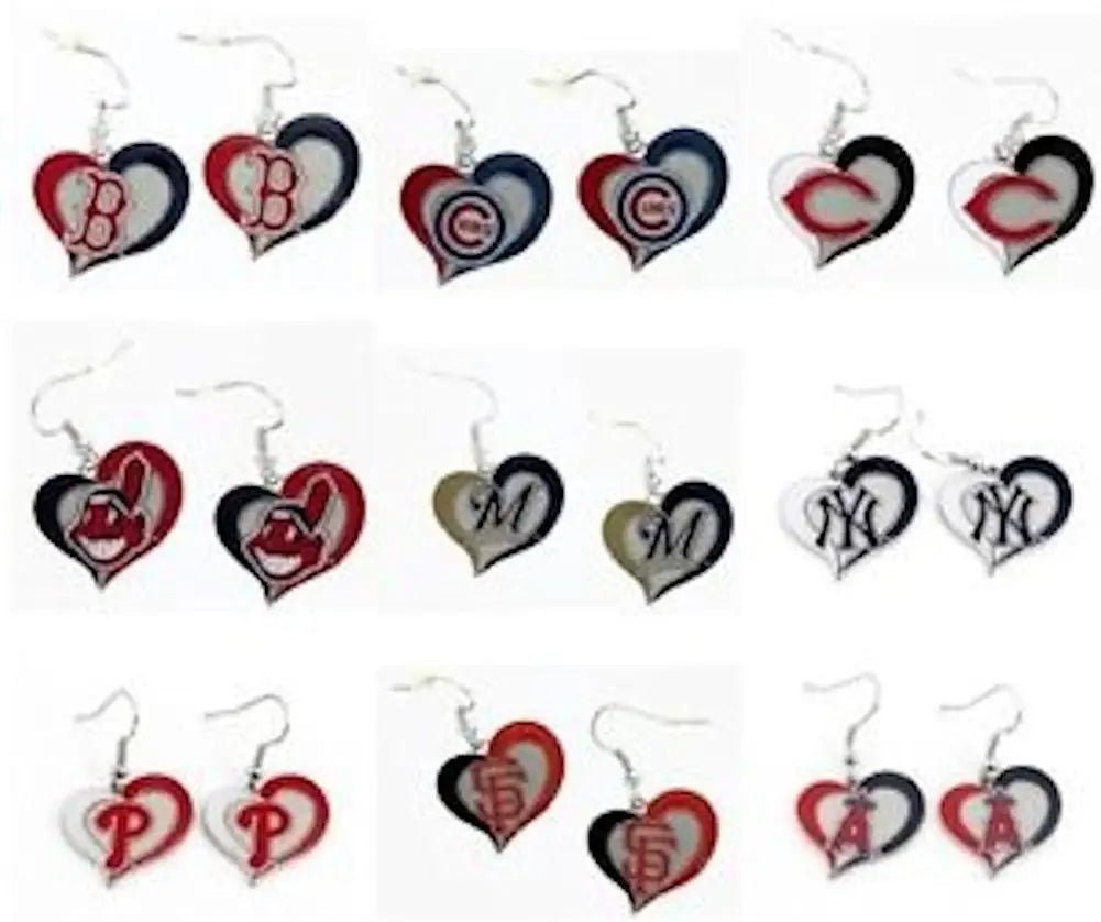 Heart earrings with team symbols in a swirl heart design for MLB fans