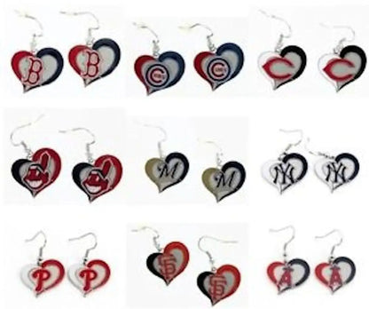 Heart earrings with team symbols in a swirl heart design for MLB fans
