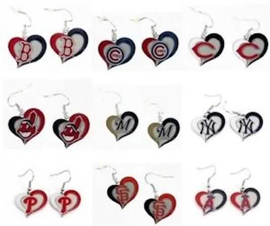 Heart earrings with team symbols in a swirl heart design for MLB fans