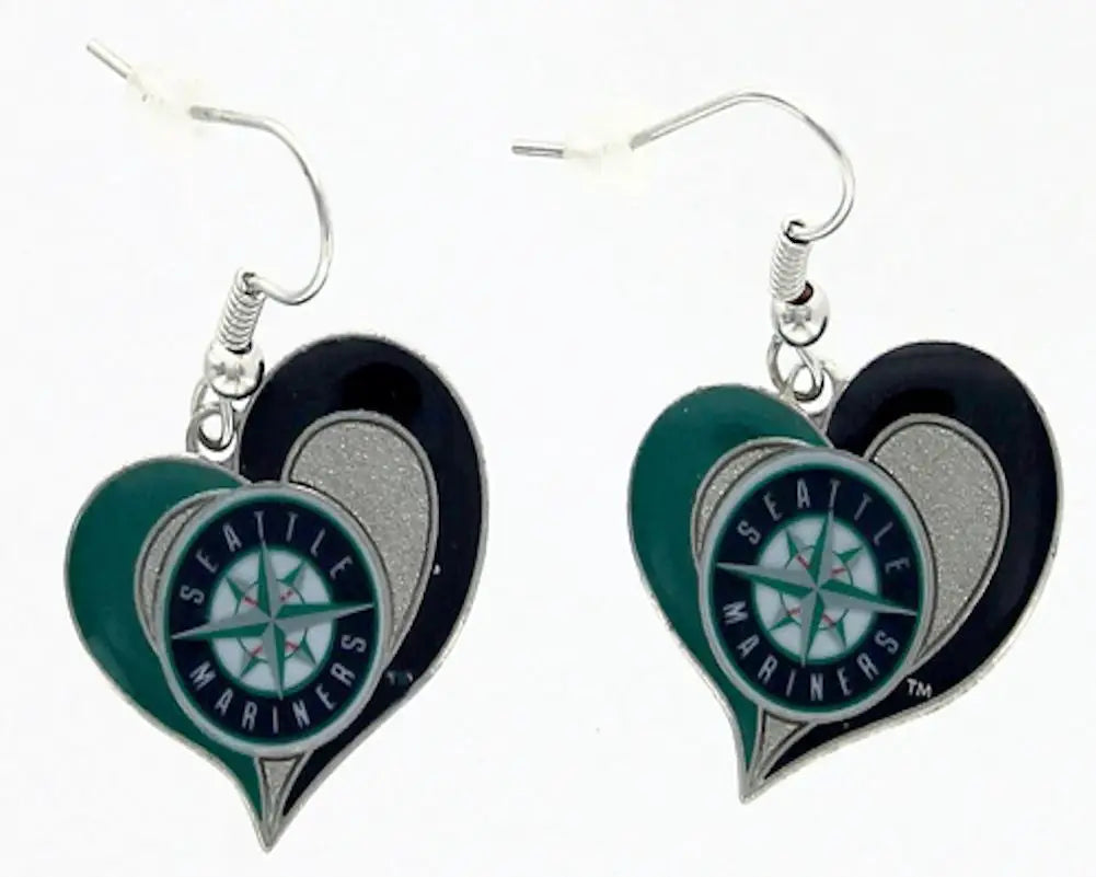 Heart earrings featuring a heart-shaped Seattle Mariners logo in swirl heart design