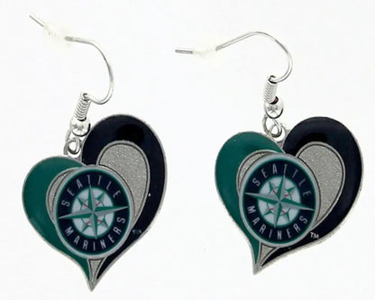 Heart earrings featuring a heart-shaped Seattle Mariners logo in swirl heart design
