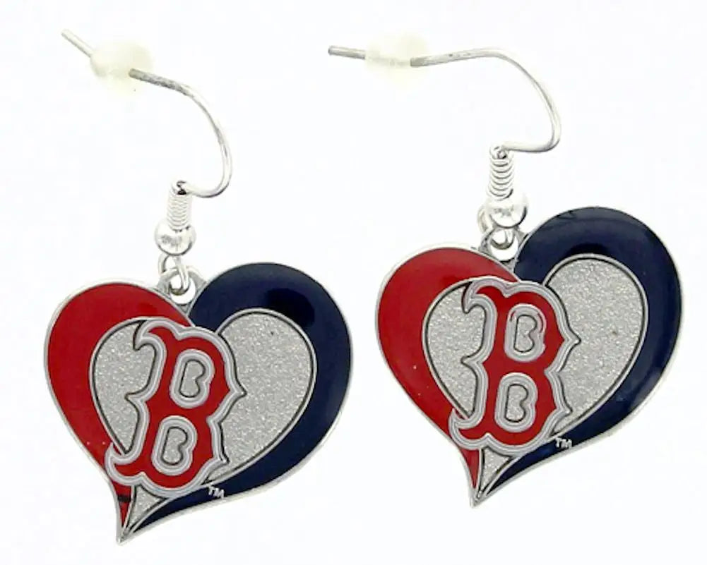 Heart earrings featuring Boston Red Sox logo in red, white, and blue swirl heart design