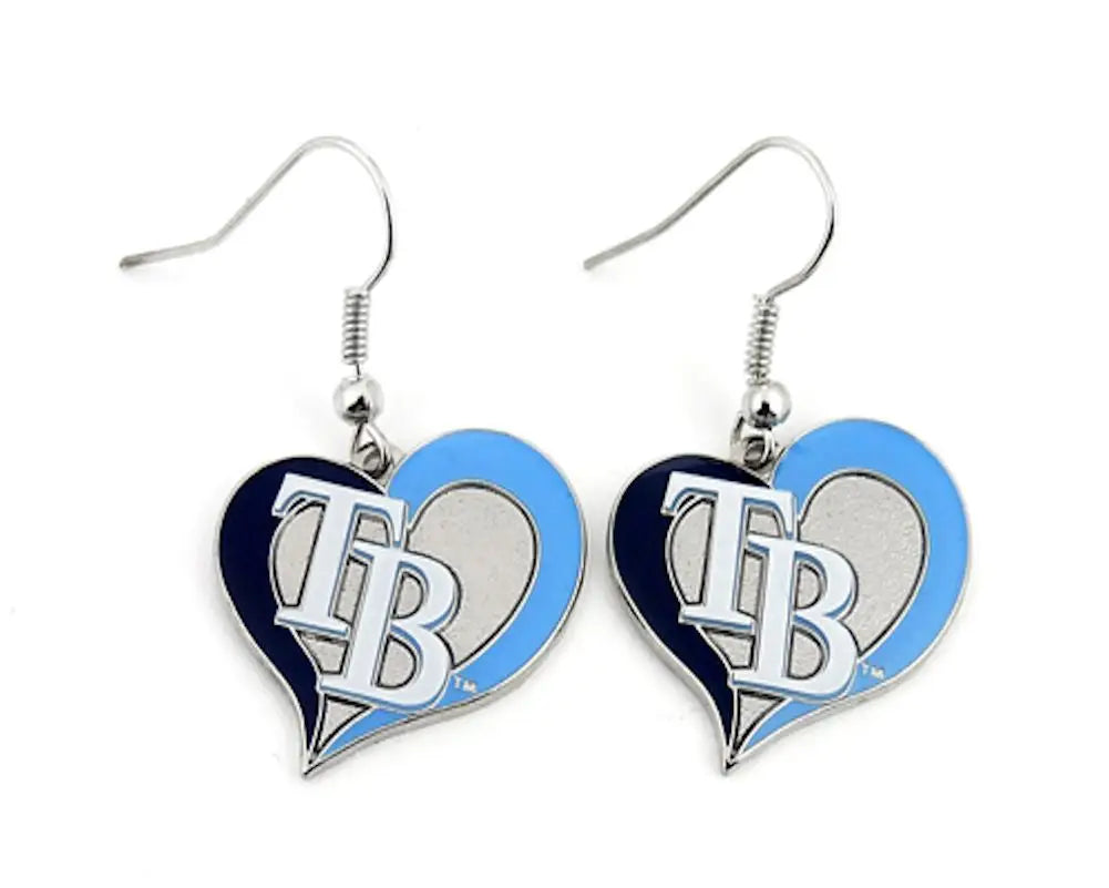 Heart earrings with TB logo in blue, white, navy for MLB Baseball Swirl Heart collection
