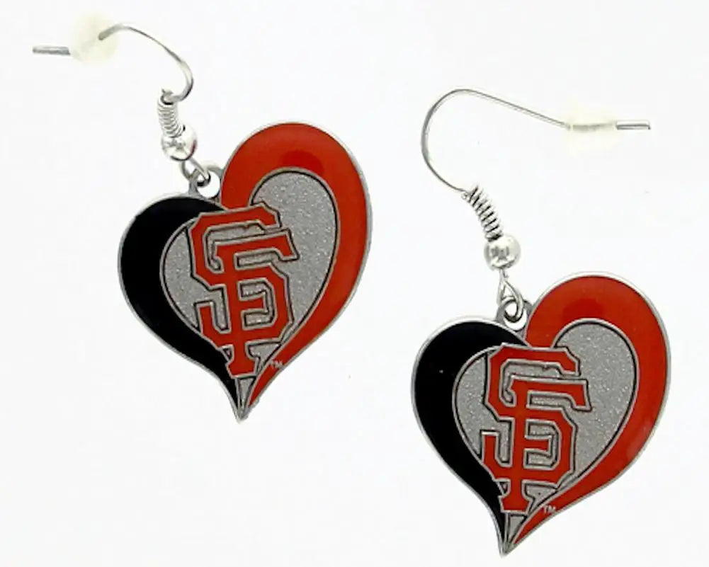 Heart earrings featuring a pair of San Francisco Giants swirl heart logo design