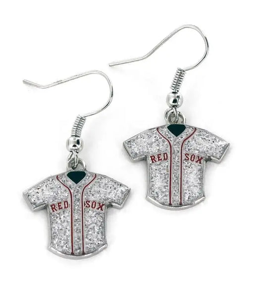 Glitter jersey earrings featuring Boston Red Sox baseball jerseys for stylish fans