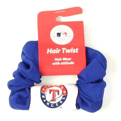 Blue fabric hair scrunchie featuring Texas Rangers logo charm for team hair accessories