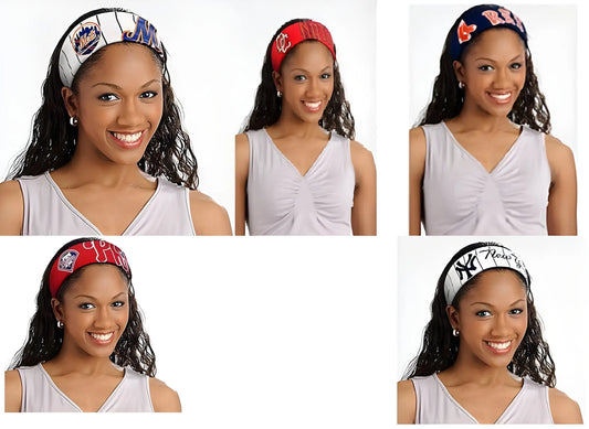 Colorful head bands worn by women with dark hair and bright smiles, MLB Jersey Fanbands
