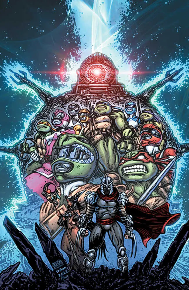 Comic book illustration of warriors under a mechanical eye from Mmpr Teenage Mutant Ninja Turtles II #1 Cover F Eastman & Williams II featuring Dan Mora art