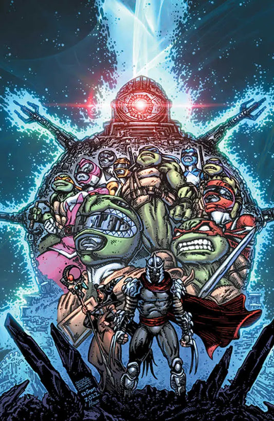 Comic book illustration of warriors under a mechanical eye from Mmpr Teenage Mutant Ninja Turtles II #1 Cover F Eastman & Williams II featuring Dan Mora art
