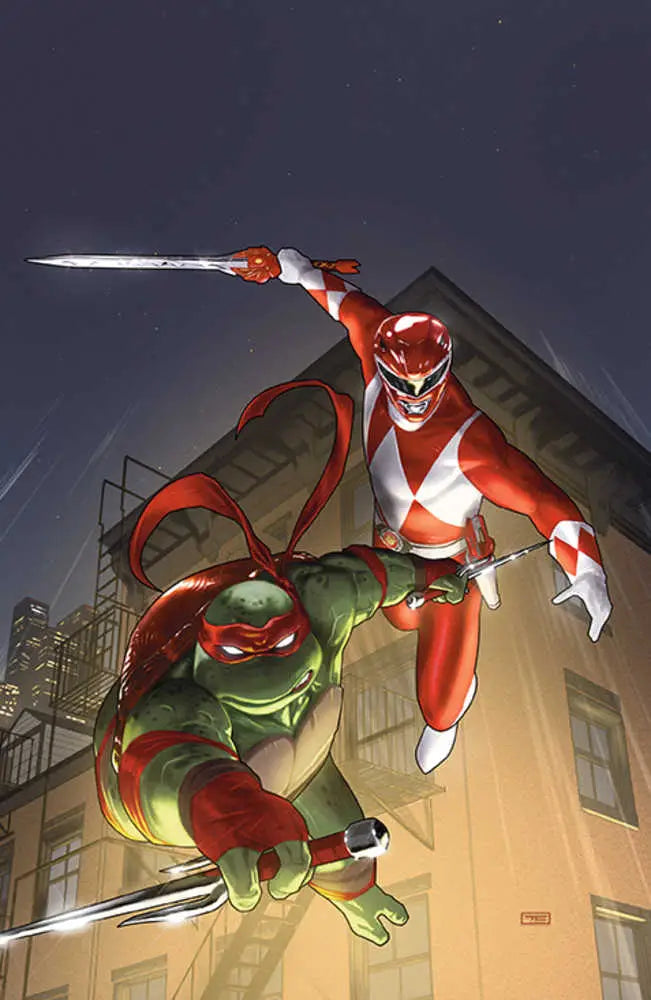 Red Power Ranger and Teenage Mutant Ninja Turtle leap in action for Mmpr Trading Cards