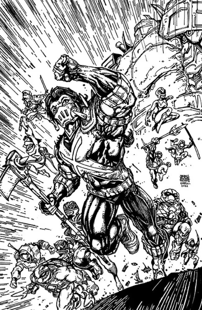 Dynamic black and white comic artwork of mutant rangers in action for Eastman & Williams variant