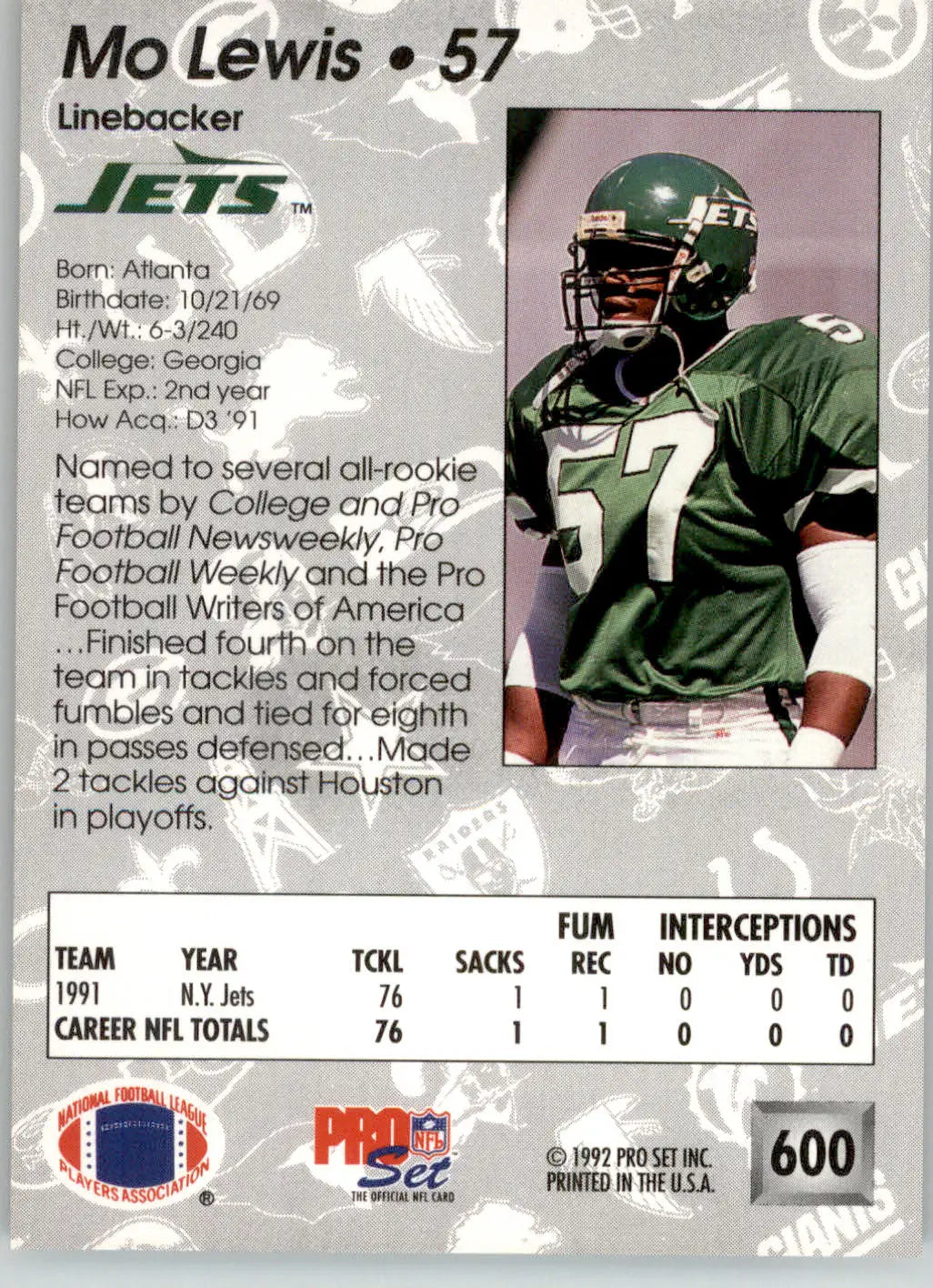 Mo Lewis - 1992 Pro Set - #600 - Football - Football Card Single