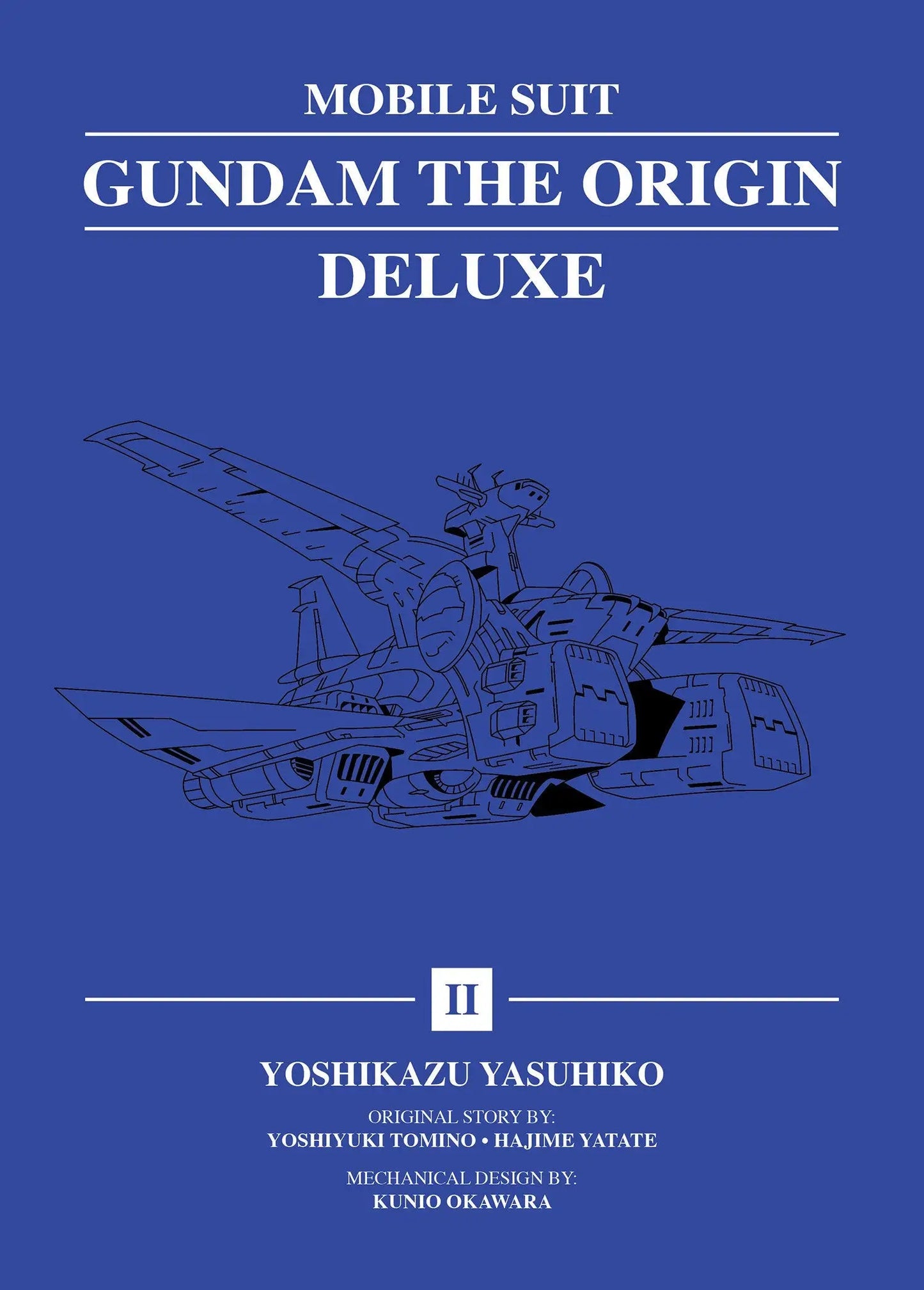 Blue book cover with white line art of a spacecraft from Mobile Suit Gundam manga works