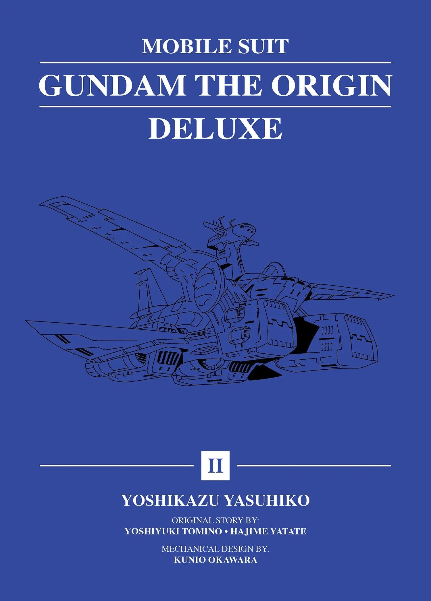 Blue book cover with white line art of a spacecraft from Mobile Suit Gundam manga works