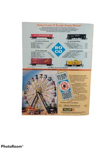 Vintage model train and Ferris wheel advertisement in Model Railroader August 1986 featuring Pachappa Hill Cut
