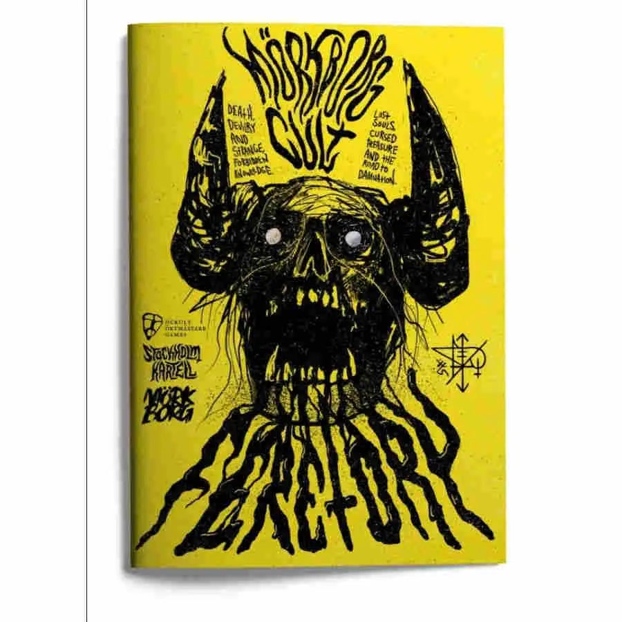 Yellow MÖRK BORG Cult Feretory book cover with black monster illustration for death ziggurat style