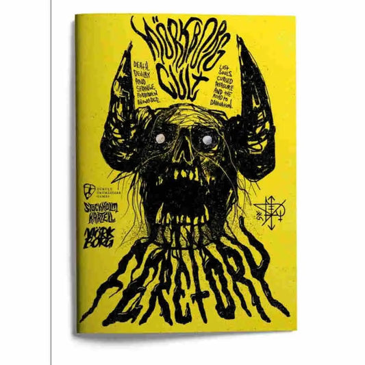 Yellow MÖRK BORG Cult Feretory book cover with black monster illustration for death ziggurat style