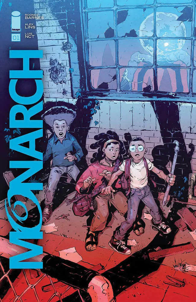 Comic book cover of Monarch #1 showing three young characters in urban setting, ideal for trading cards