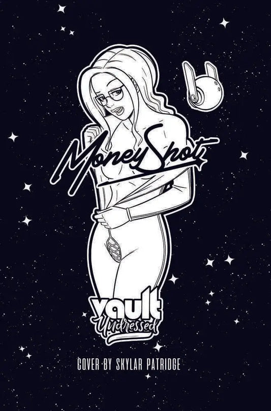Black and white illustration of figure making a rock gesture, Money Shot trading cards cover