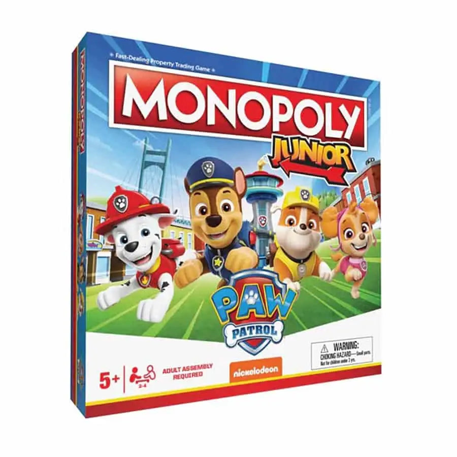 Monopoly Junior board game box featuring Paw Patrol theme for kids’ fun
