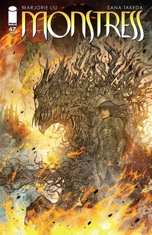 Monstress #47 trading card features a monstrous creature amidst flames and chaos