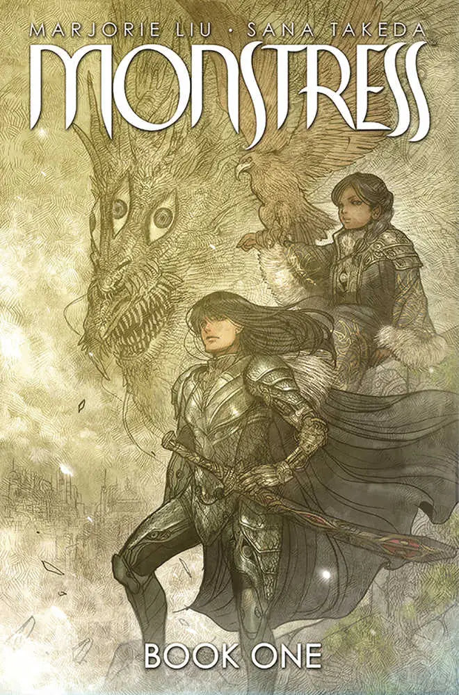 Comic book cover of Monstress HC Vol 01 featuring dark fantasy with a dragon-like creature