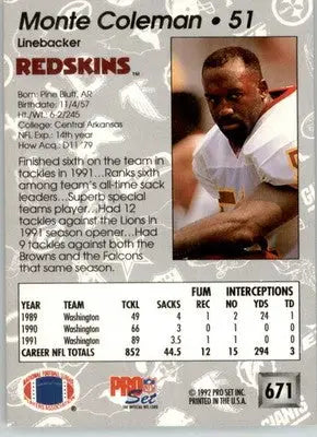 Monte Coleman - 1992 Pro Set - #671 - Football - Football Card Single