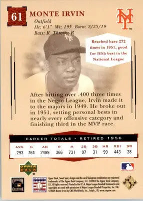 Monte Irvin - 2004 Upper Deck Sweet Spot Classic - #61 - Baseball - Baseball Card Single
