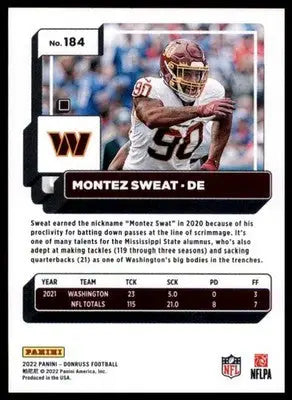 Montez Sweat 2022 Donruss #184 Washington Commanders - Football Card Single