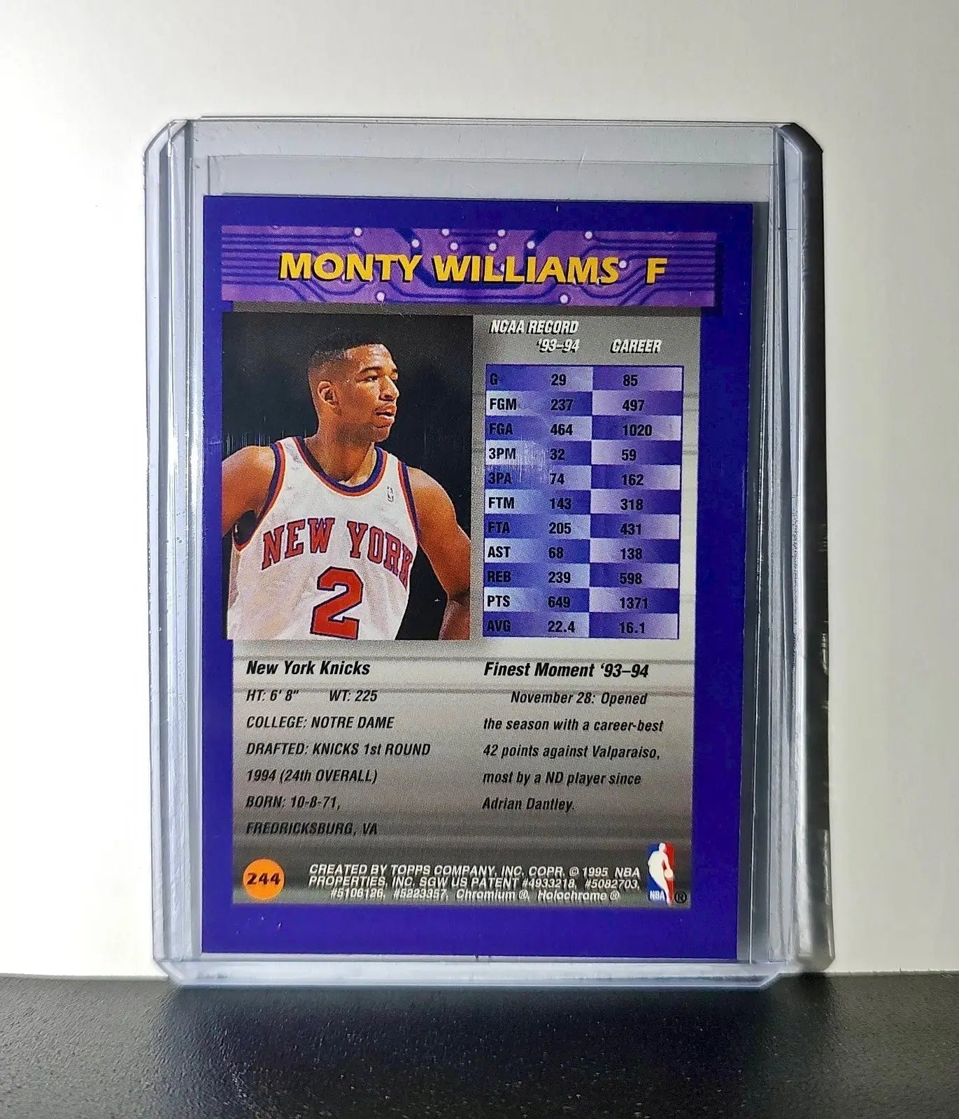 Monty Williams Rookie 1994-95 Topps Finest #244 Card