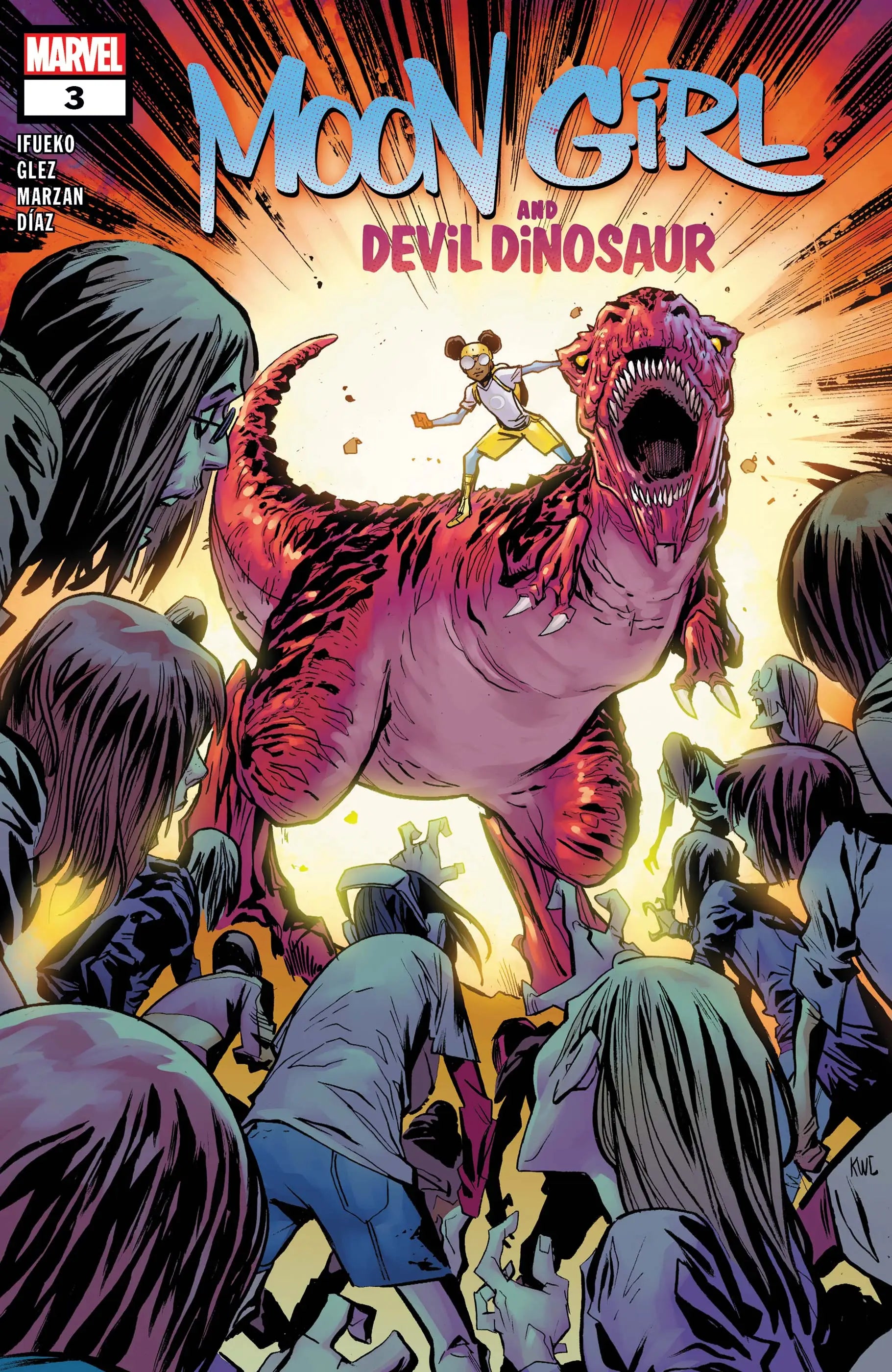 Roaring purple Tyrannosaurus Rex with figure from Moon Girl And Devil Dinosaur trading cards