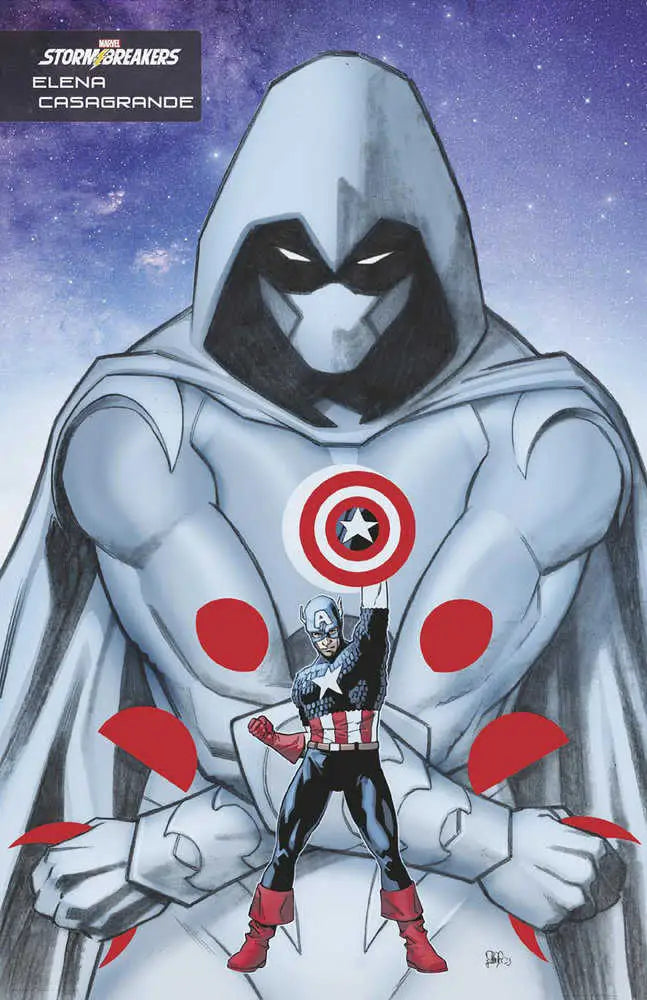 Hooded figure with Captain America emblem and smaller figure from Moon Knight trading cards