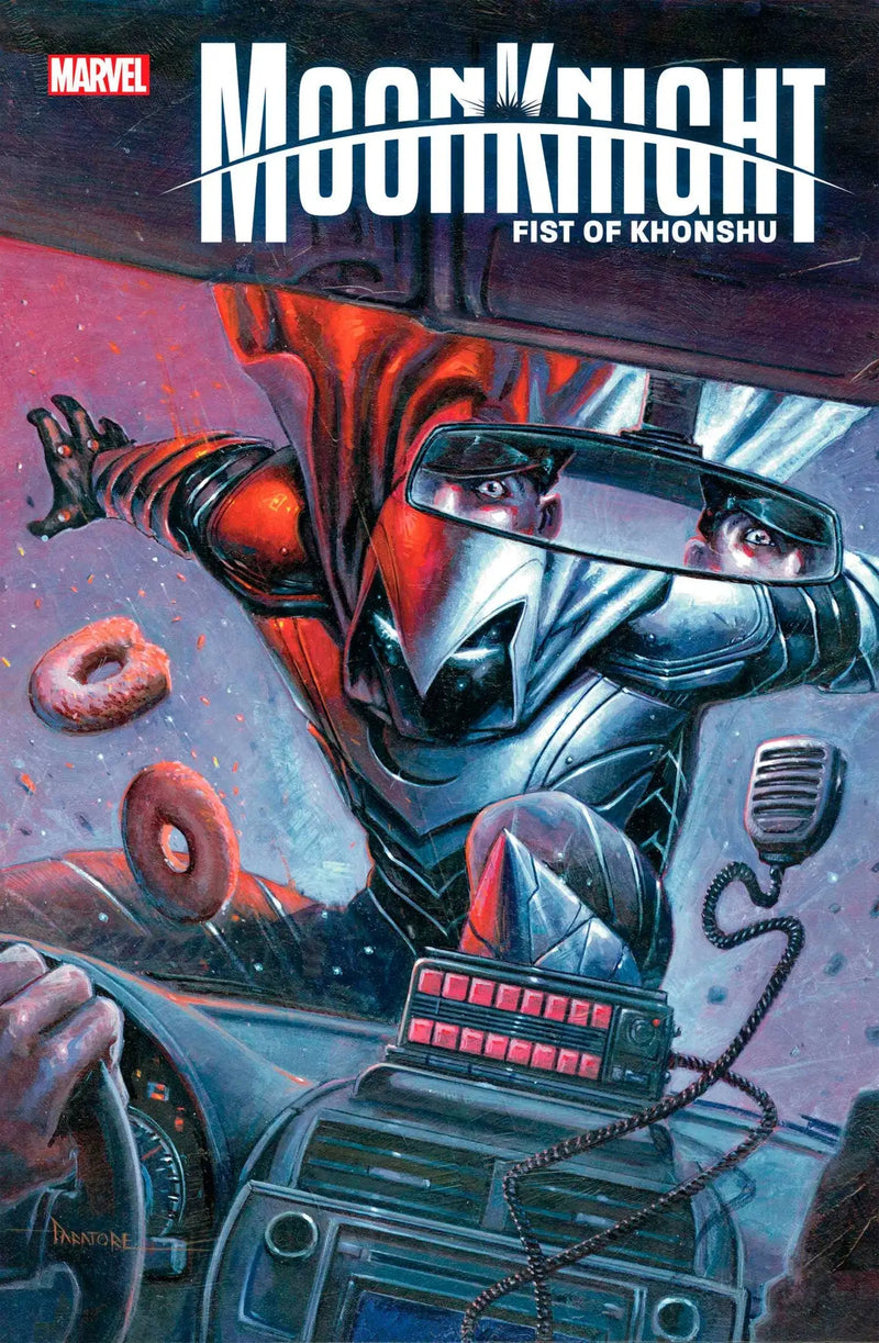Moon Knight driving in Moon Knight Fist of Khonshu #4 comic book, illustrating Knight Fist action