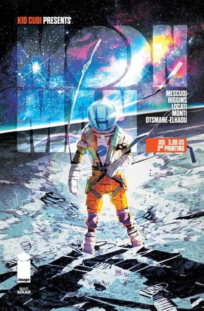 Spacesuit-clad figure in Moon Man #1 trading card against cosmic backdrop