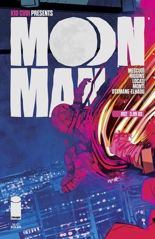 Comic book cover for Moon Man #2 with vibrant pink and blue colors featuring a silhouette