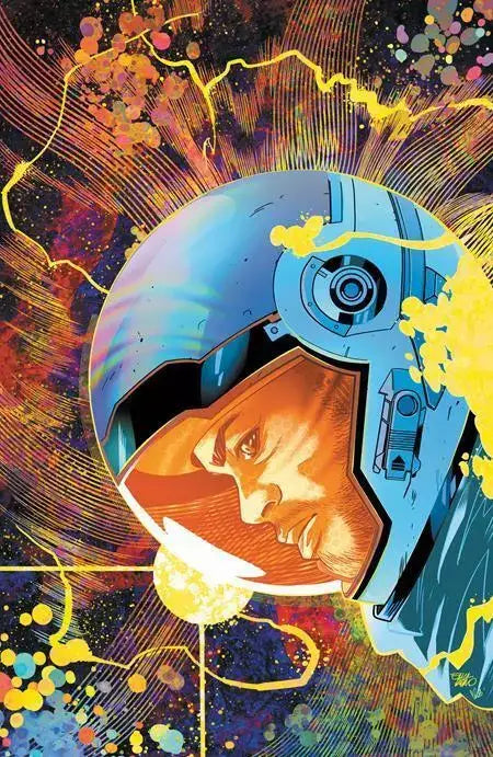 Futuristic blue helmet with glowing orange accents for Moon Man #2 Cover B trading cards