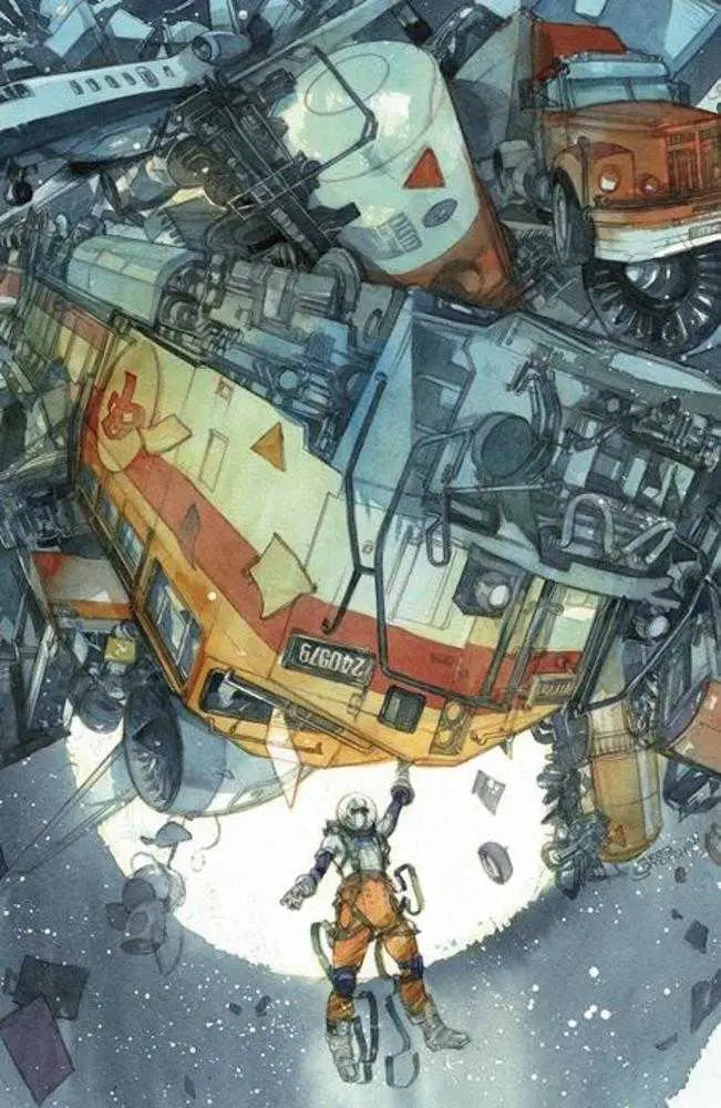 Astronaut hangs from damaged spacecraft in Moon Man #2 Cover C Greg Tocchini Variant art