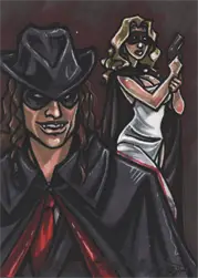 Stylized sketch card of a sinister figure and woman with guns by Amber Shelton