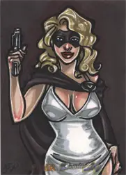 Stylized sketch card of a blonde woman in a white dress by Amber Shelton