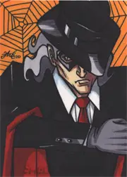 Stylized sketch card by Ana Sanchez featuring a shadowy figure against an orange background