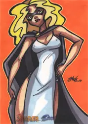Stylized cartoon sketch card of a blonde woman in a white dress by Ana Sanchez