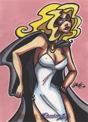 Stylized cartoon of a woman in a white dress and dark cape on Ana Sanchez sketch card