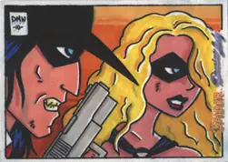 Comic-style illustration of two faces on a Moonstone Domino sketch card by Dave Windett