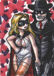 Cartoon-style sketch card by Fer Galicia featuring masked couple on red and black background