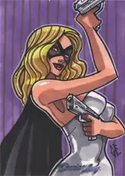 Blonde woman in black dress with handguns on Moonstone Domino sketch card by Glen Fernandez