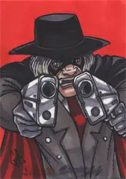 Shadowy figure in wide-brimmed hat aiming pistols on Glen Fernandez sketch card