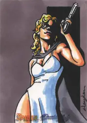 Cartoon illustration of blonde woman in white dress holding gun from Hayden Davis sketch card